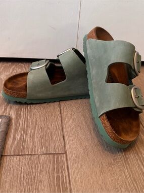 Rare Birkenstock Arizona Big Buckle Soft Green Suede Sandals